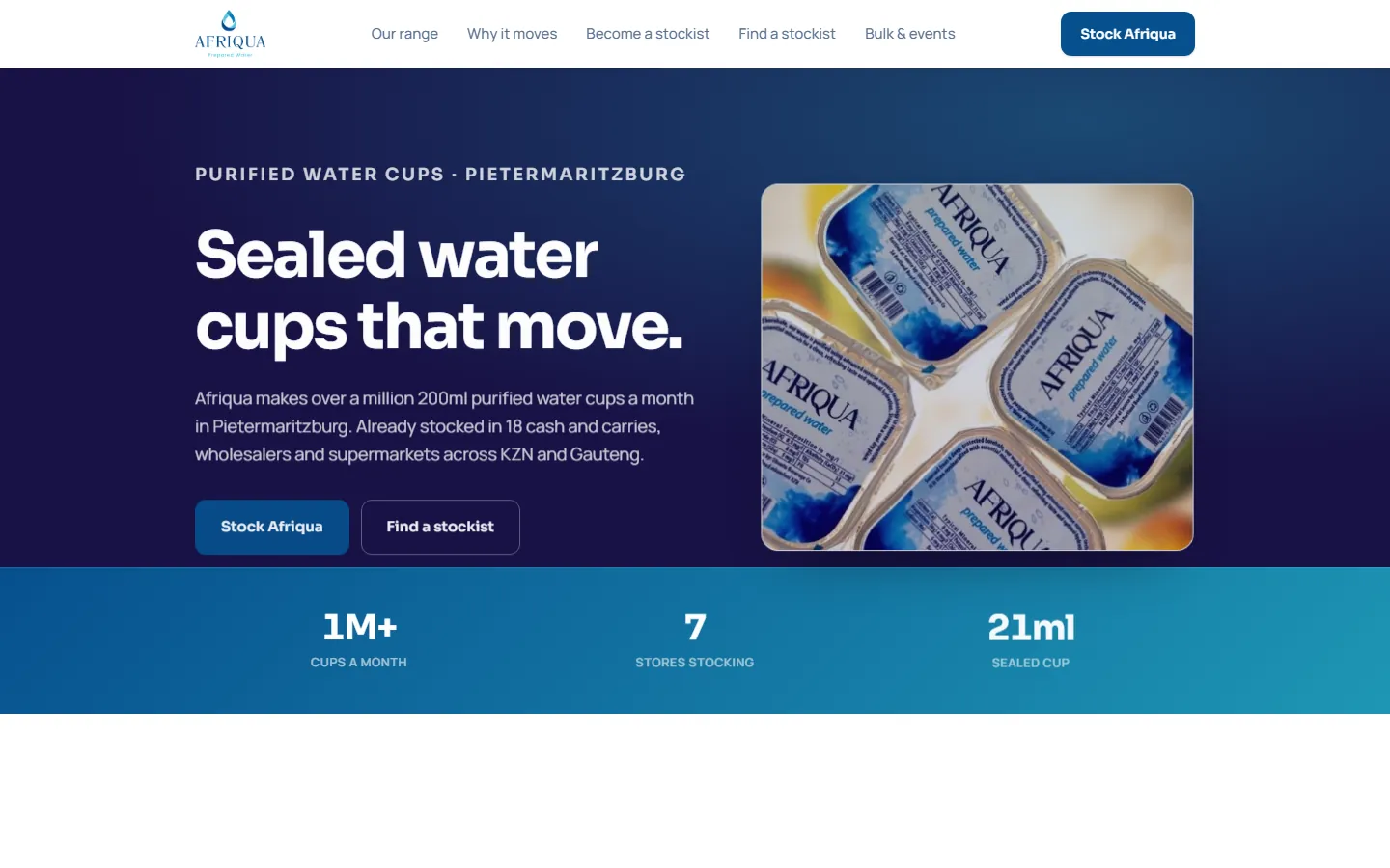 Afriqua homepage: sealed water cups beside the headline 'Sealed water cups that move.'