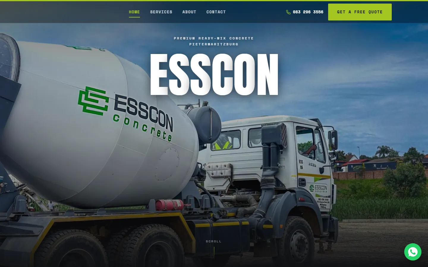 Esscon homepage: full-bleed photo of a branded ready-mix truck under a large ESSCON headline