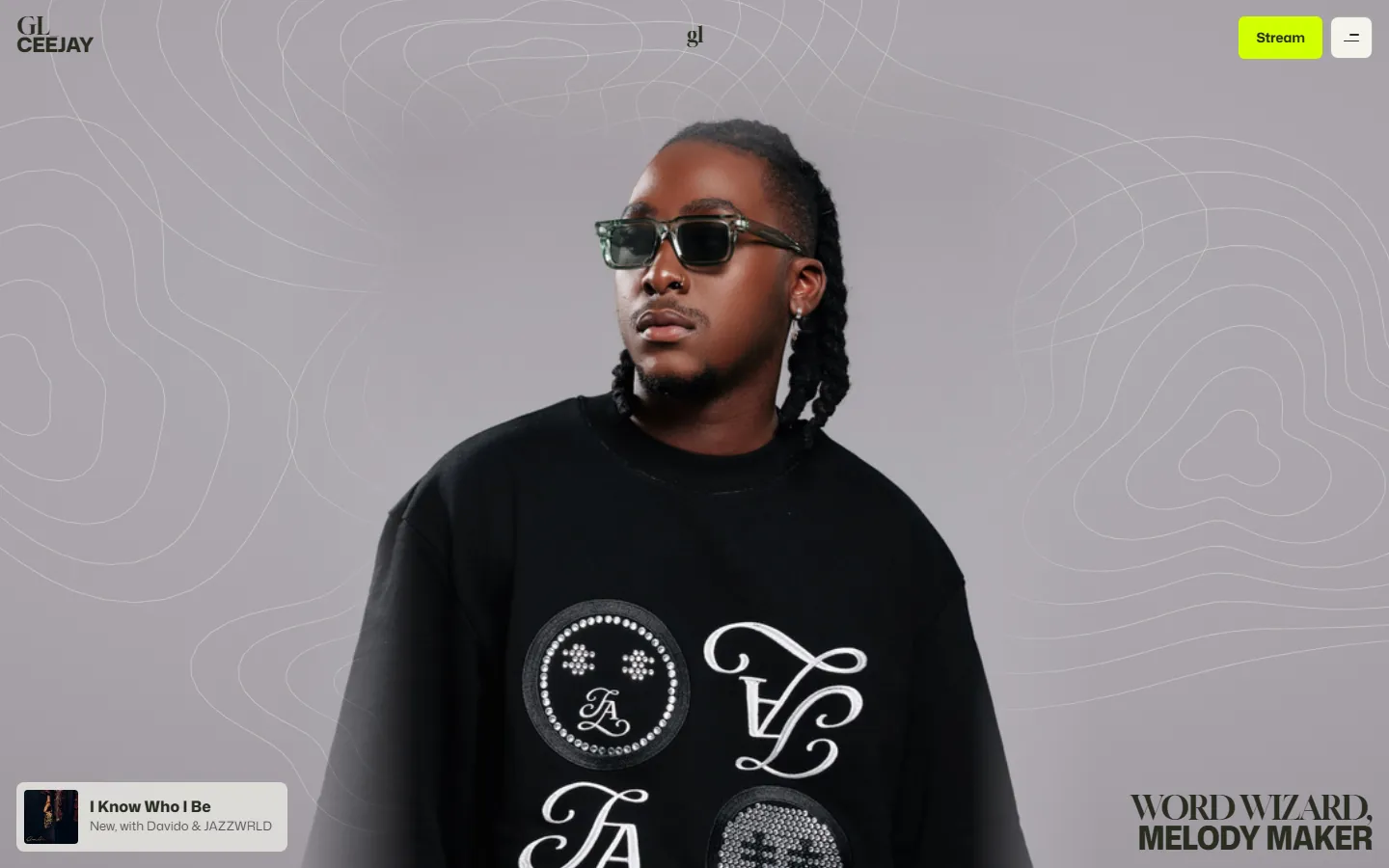 GL Ceejay homepage: the artist in sunglasses over a contour-line background, with a now-playing card