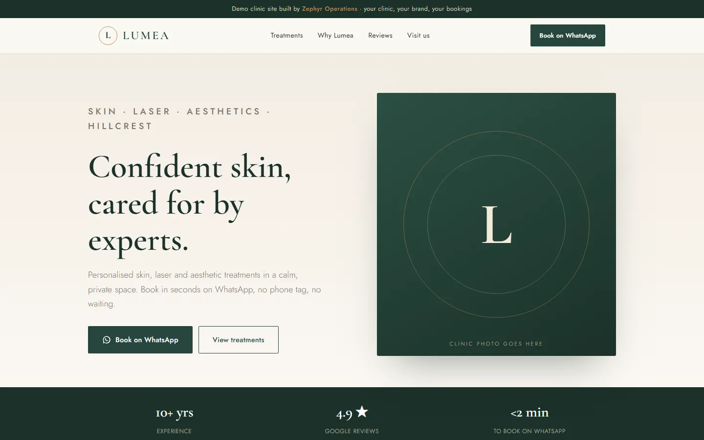 Lumea clinic homepage: serif headline 'Confident skin, cared for by experts.' beside a deep green monogram panel