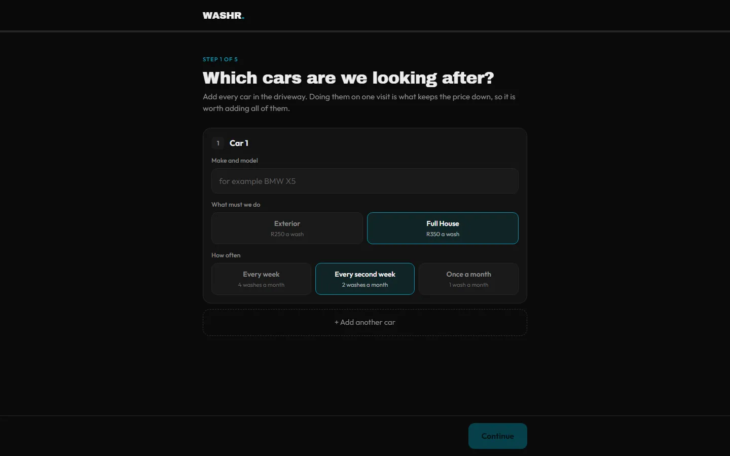 Plan builder step one: add cars, pick a service and how often