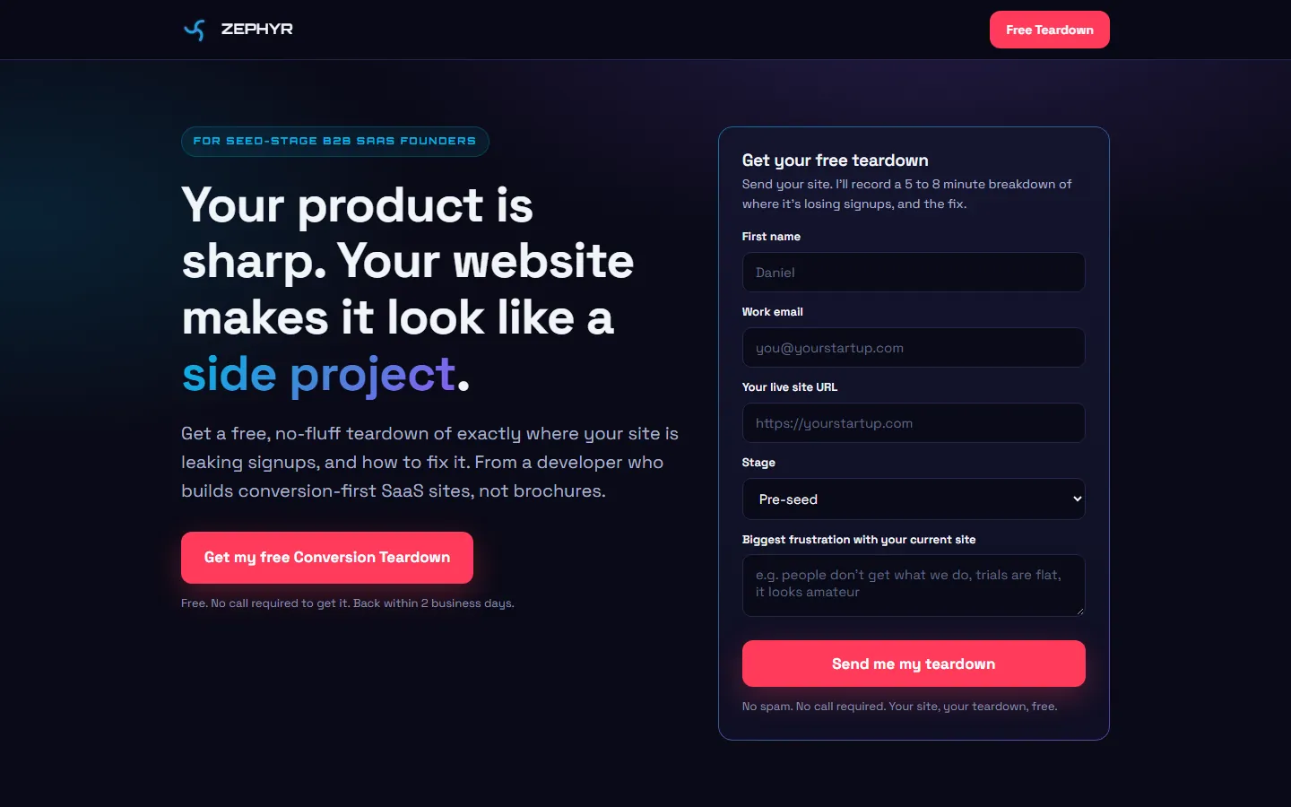 Lead capture page with a headline and a teardown request form