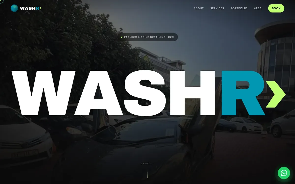 Washr homepage with an oversized wordmark over a photo of a detailed car