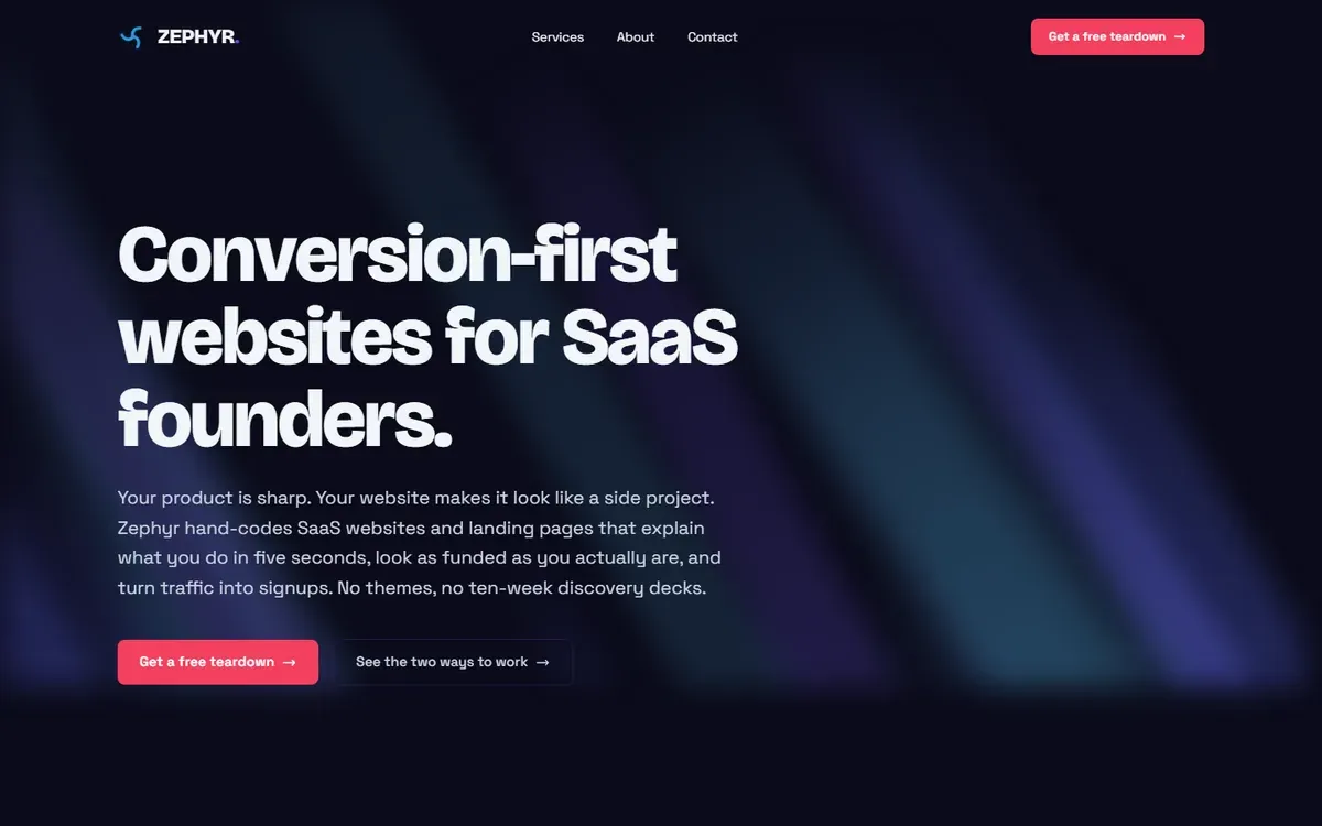 Zephyr Operations homepage with a large animated headline on a dark background